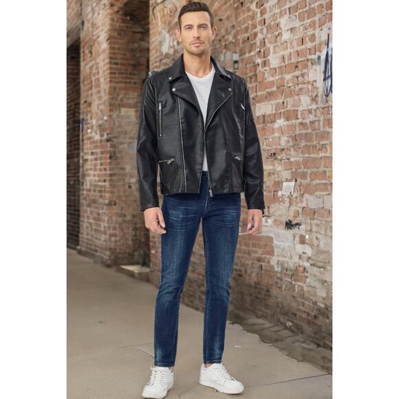 Men Black Faux Leather Bomber Jacket Lightweight Zip Up Slim Fit Coat - Picture 7 of 7